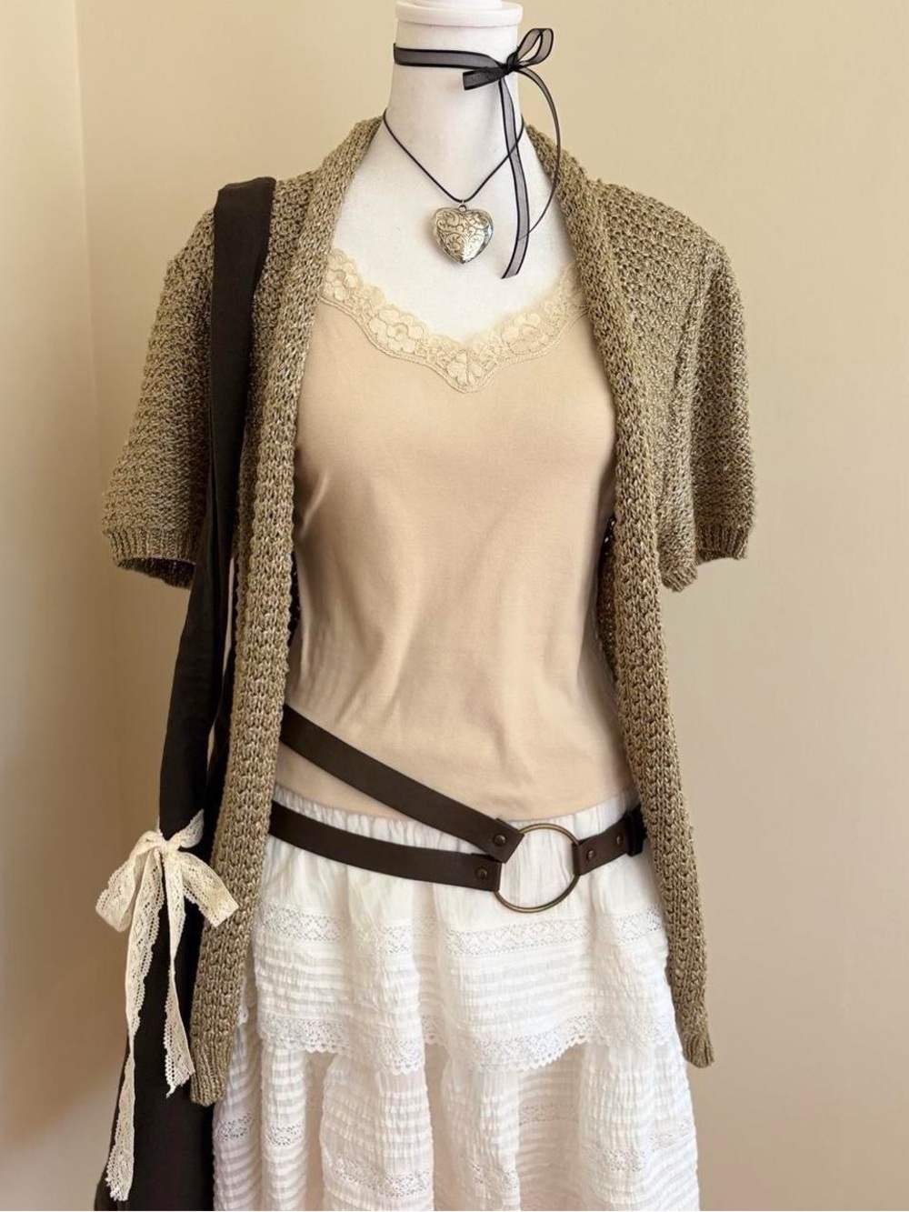 Vintage Y2K fairy grunge cardigan chunky knit babydoll green boho mori kei M